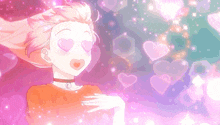 a girl with hearts in her eyes surrounded by hearts
