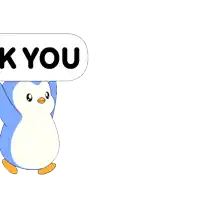 a blue and white penguin is standing in front of a thank you speech bubble