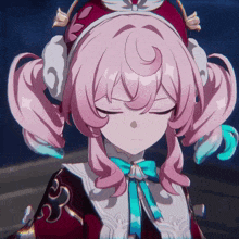 a girl with pink hair is wearing a red hat and a blue bow
