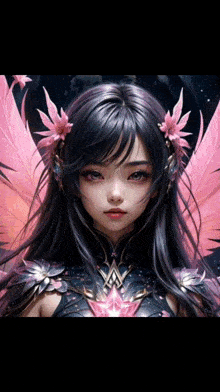 a girl with long black hair and pink wings has flowers in her hair .