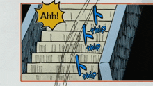 a comic strip shows a staircase with a yellow speech bubble saying ahh