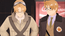 two anime characters are standing next to each other with a coca cola sign in the background