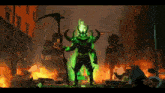 a video game character with a green glowing head and a scythe