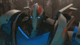 a robot is flying through the air surrounded by blue flames and trees .