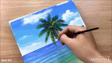 a painting of a palm tree on a beach is made in animatica