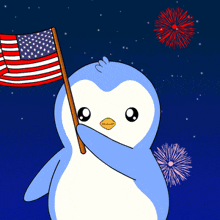 a blue penguin holding an american flag in front of fireworks