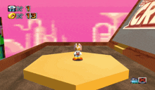 a cartoon character is standing on a yellow block in a room with a pink background