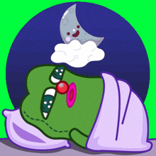 a cartoon of a frog sleeping with a crescent moon above it