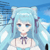 a girl with blue hair has a cat ear headband on