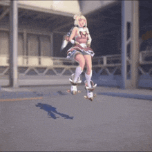 a girl in a pink dress is rollerblading in the air .