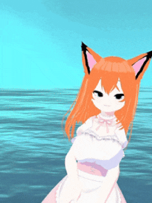 a girl with orange hair and cat ears stands in front of the ocean
