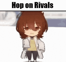 a chibi girl is standing in front of a sign that says hop on rivals .