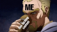 a man with a beard is drinking from a cup with the words `` me this fucking content '' written on his face .