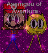 a couple of cartoon characters are standing next to each other on a purple background with stars .