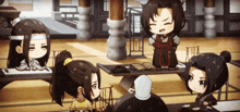 a group of anime characters are sitting around a table with a man standing behind them