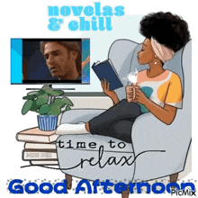a cartoon of a woman sitting in a chair reading a book and drinking coffee