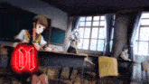 a girl sits at a desk in a classroom with a red circle that says 01