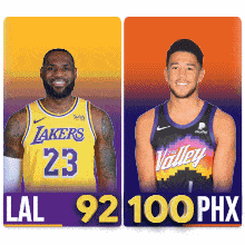 a lakers jersey with lebron james and a valley jersey with lal 92 100 phx
