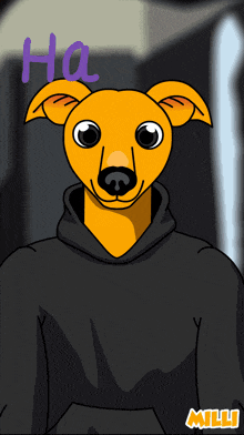a cartoon of a dog wearing a black hoodie with the word mills on the bottom right