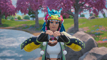 a girl in a video game making a heart shape with her hands