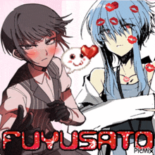 a couple of anime characters standing next to each other with fuyusato written in red