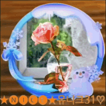 a pink rose in a vase with snowflakes and a snowman