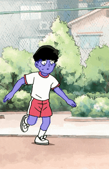 a cartoon of a boy running in a park with a fence in the background