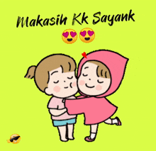a cartoon of two girls kissing with the words " makasih kk sayank " below them