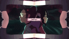 a cartoon of two girls looking at each other with a glowing light behind them