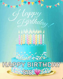 a birthday card for a sis with a blue cake and candles on it