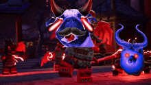 a blue monster with horns and a mustache is surrounded by other monsters in a video game