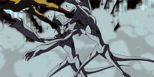 a cartoon drawing of a monster with a sword in its mouth