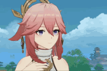 a girl with pink hair and purple eyes is wearing a white shirt