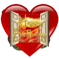 a red heart with an open door that says " happy birthday "