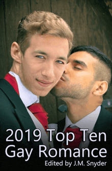 a couple of men standing next to each other with the caption 2019 top ten gay romance edited by j.m. snyder