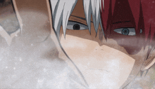 a close up of a person with white hair and red hair
