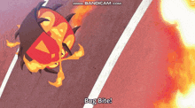 a cartoon character says " bug bite " in front of a fireball