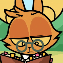 a cartoon cat wearing glasses is looking at a book