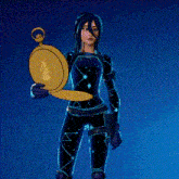 a woman in a black suit is holding a pocket watch