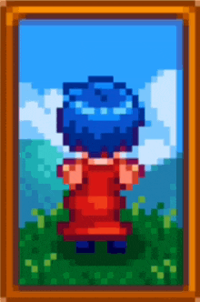 a pixel art drawing of a girl with blue hair
