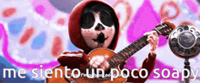 a cartoon character playing a guitar with the words me siento un poco soapy written below him
