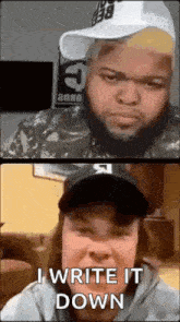 a man and a woman are talking to each other on a video call . the man is wearing a hat .