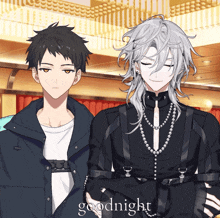 a couple of anime characters standing next to each other with the words goodnight written on the bottom
