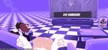 a purple and white checkered floor with ryo shimazaki written on it