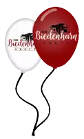 a white and red balloon with the biedenharn group logo on it