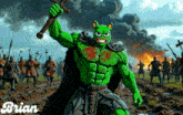 a cartoon of a green bear holding a sword with the name brian below him
