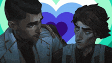 a couple of men looking at each other with a heart in the background