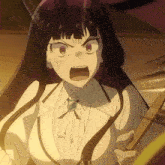 a girl with purple hair and a white shirt is holding a wooden stick