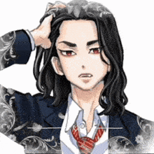 a drawing of a man with long hair and red eyes