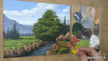 a person is painting a landscape with a palette and made in animotica